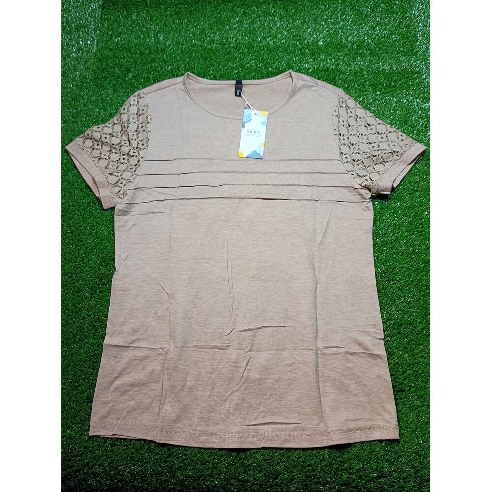 Charming Sunbs Khaki Short Sleeve Lace Detail Top Size S NWT